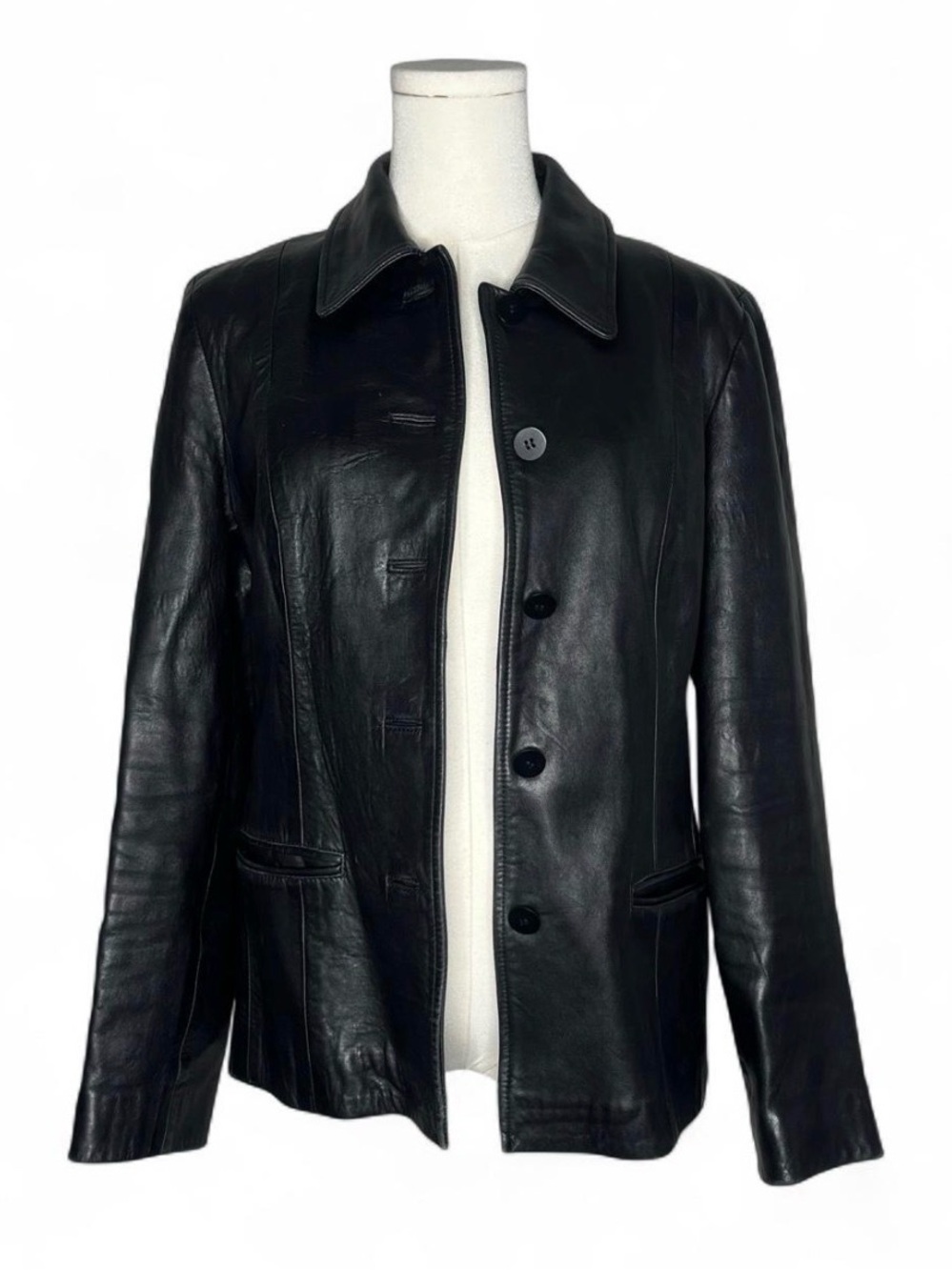 Vintage Ann Taylor Button Front Black Leather Jacket 90s Minimalism